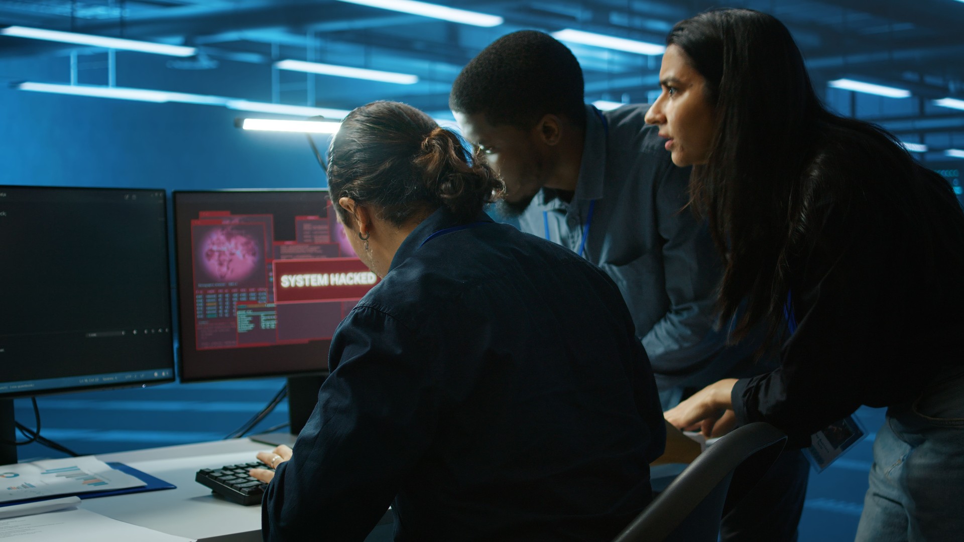 Multiethnic programmer team in server farm workspace surprised by hacking attack